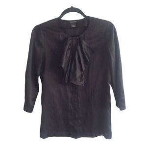 Club MONACO Silk Crew Neck Blouse Ruffle Bib Black XS